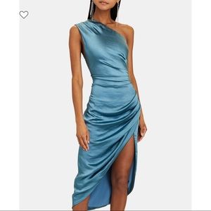 New ELLIATT Cassini asymmetrical one shoulder satin dress in light blue